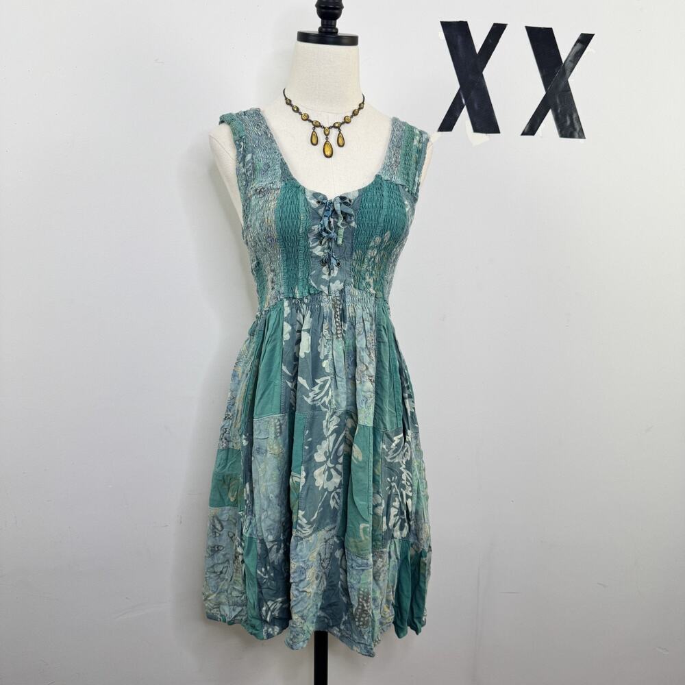 Vintage Y2K Aqua Floral Patchwork Midi Dress Smocked Tie Front Hippie Fairy XL